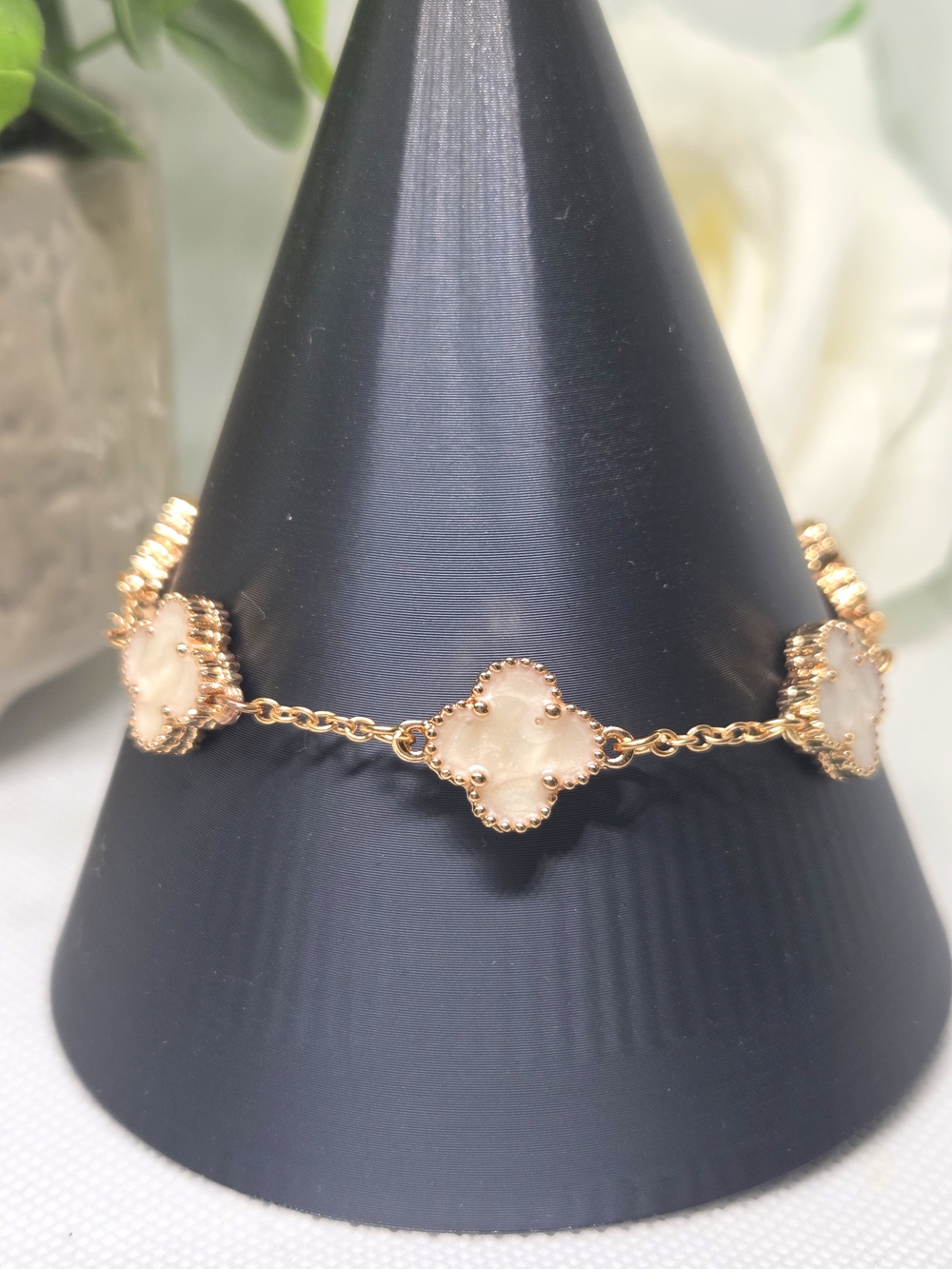 White Enamel Clover Link Gold Bracelet- Stainless Steel